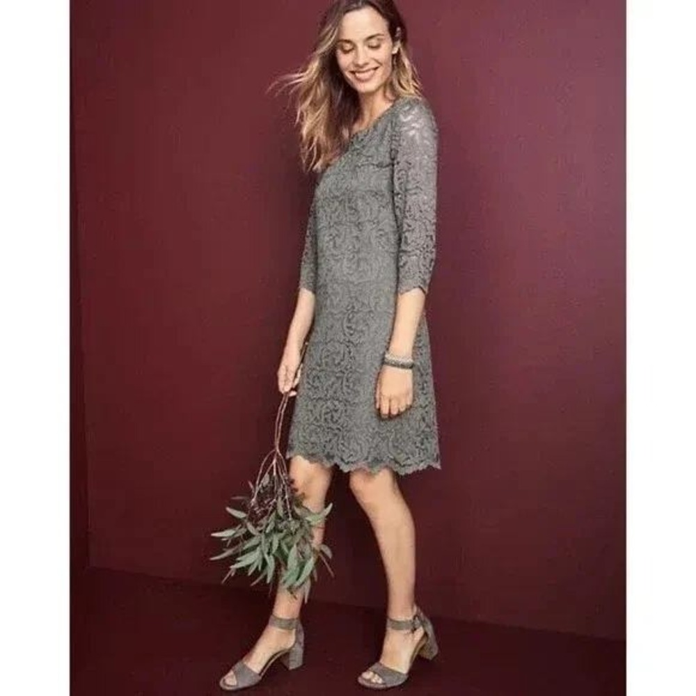 Garnet Hill Women Grey Metallic Lace Shift Dress 3/4 Sleeve Scalloped Hem Sz 10